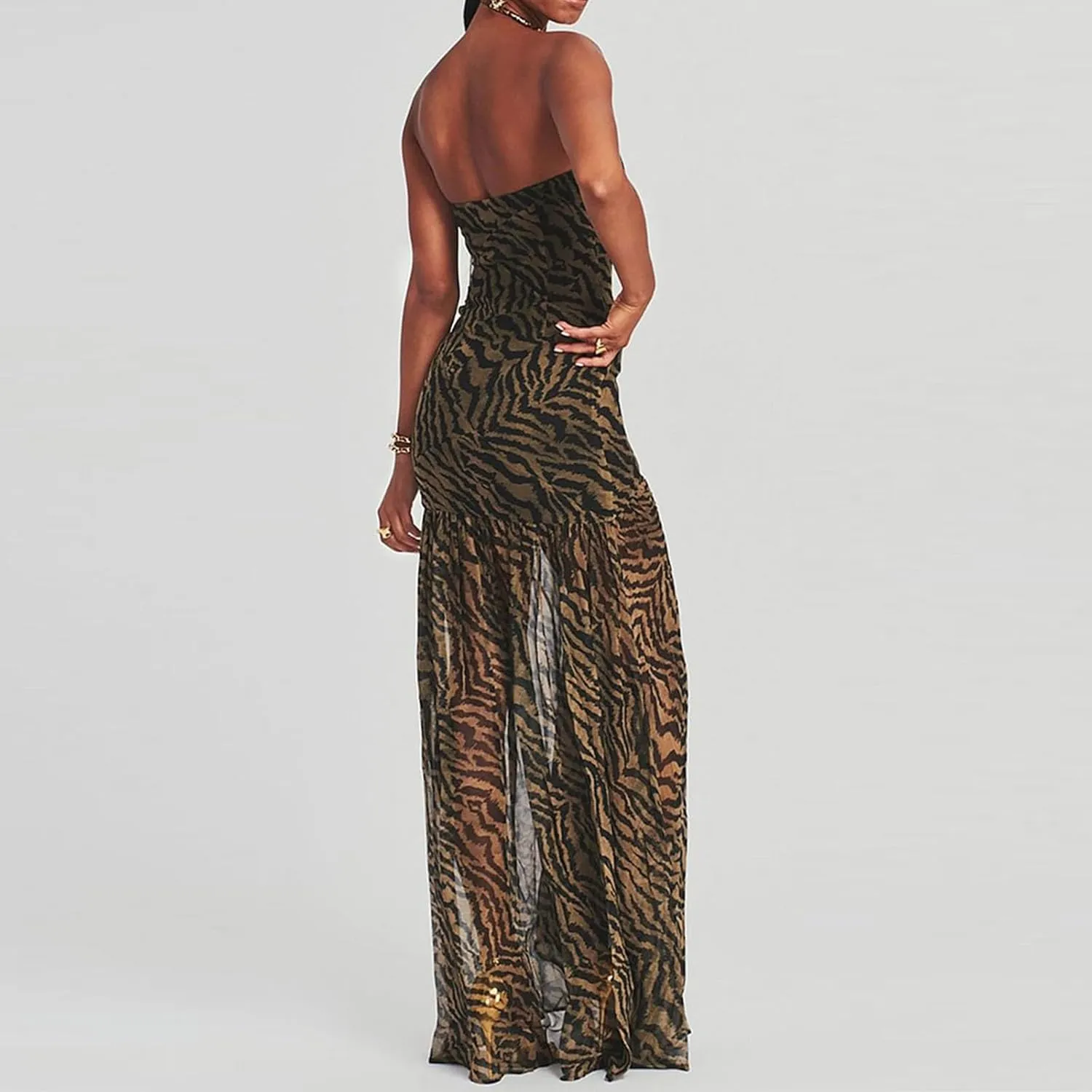 Women Y2k Floral Ptint Mesh Tube Top Dress Sexy Backless High Slit Maxi Dresses Strapless Summer Beach Sundress