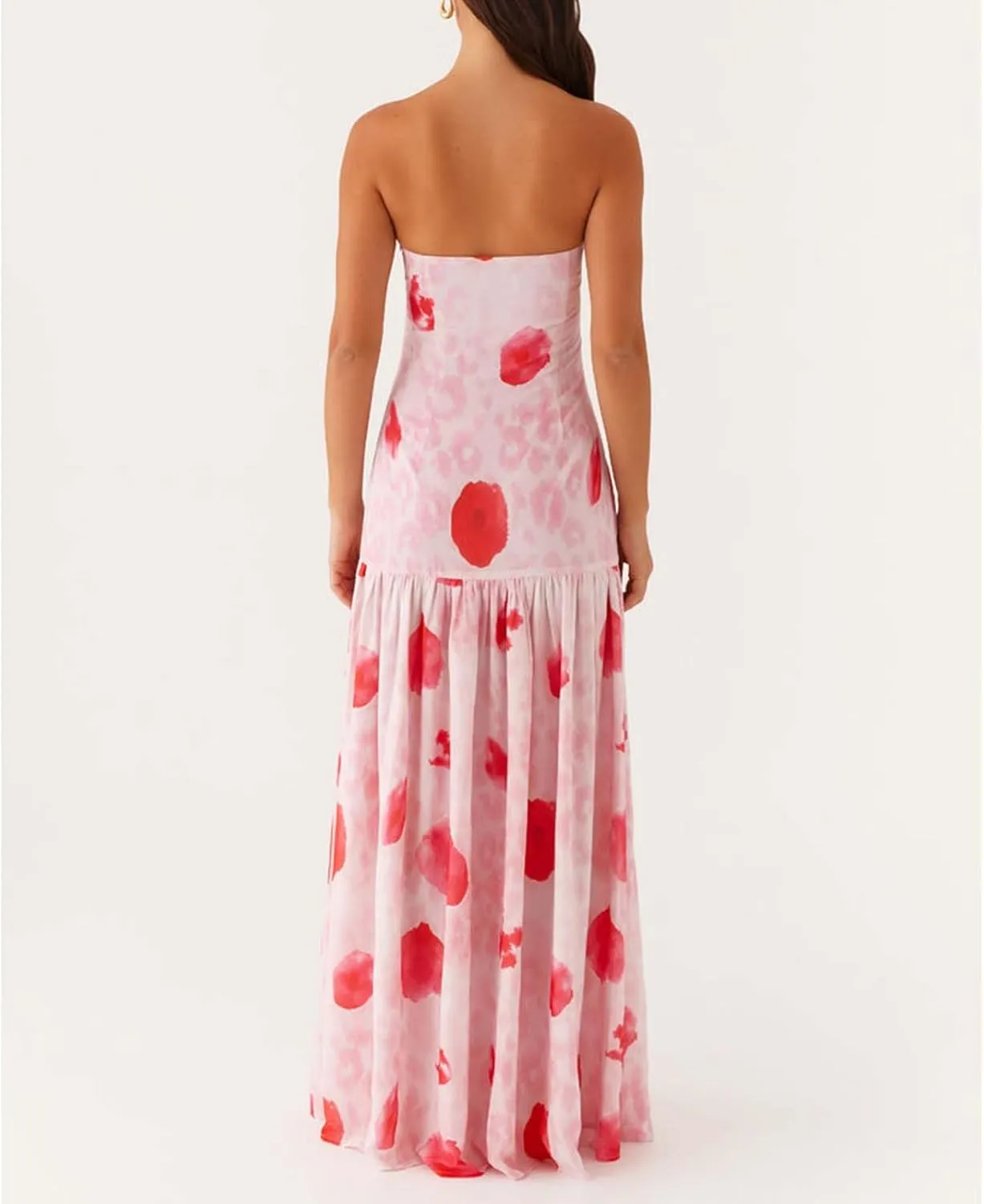 Women Y2k Floral Ptint Mesh Tube Top Dress Sexy Backless High Slit Maxi Dresses Strapless Summer Beach Sundress