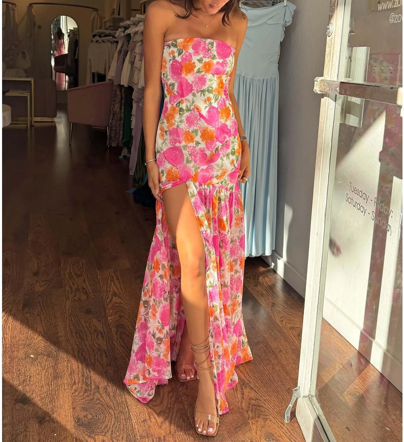 Women Y2k Floral Ptint Mesh Tube Top Dress Sexy Backless High Slit Maxi Dresses Strapless Summer Beach Sundress