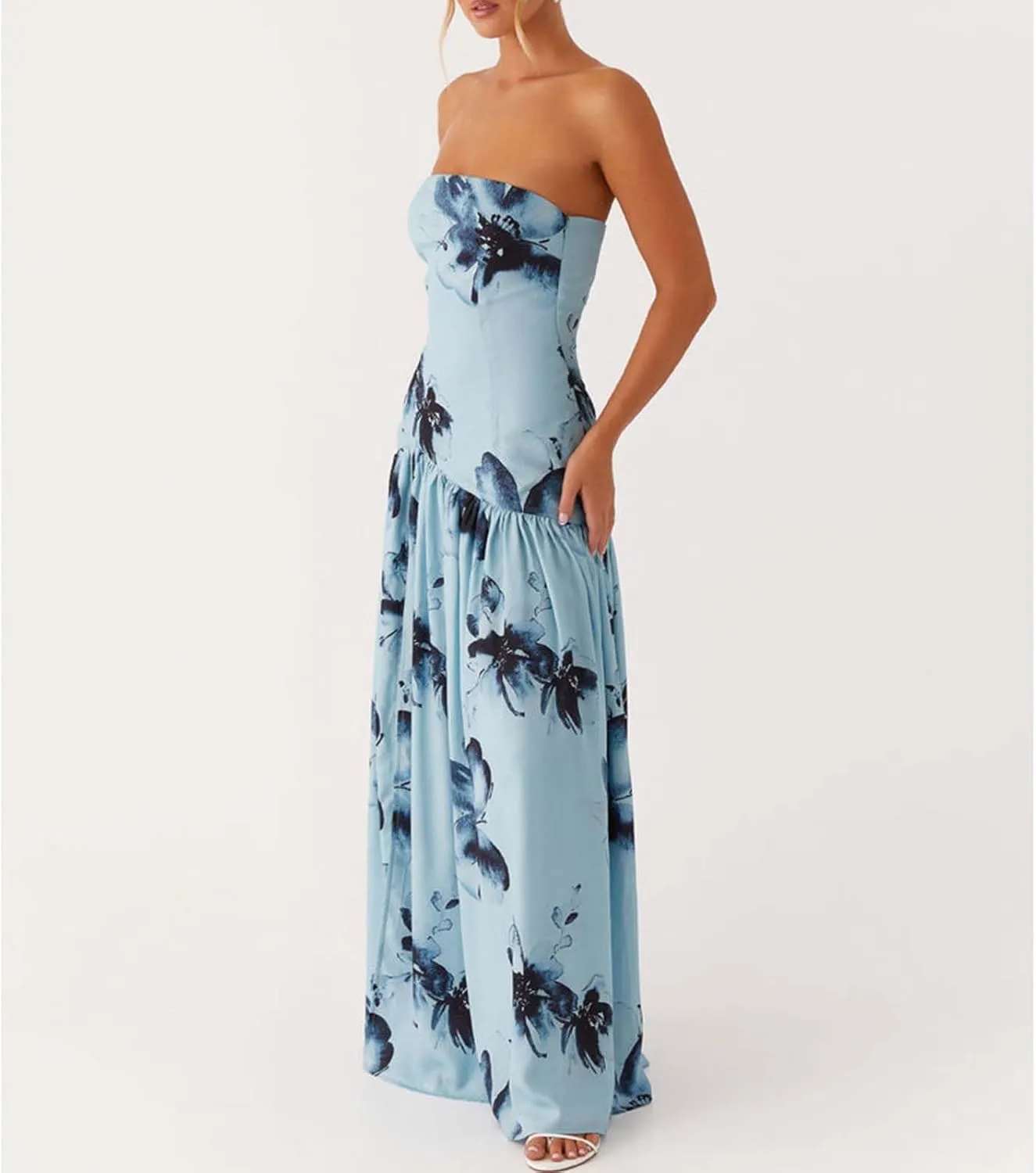 Women Y2k Floral Ptint Mesh Tube Top Dress Sexy Backless High Slit Maxi Dresses Strapless Summer Beach Sundress