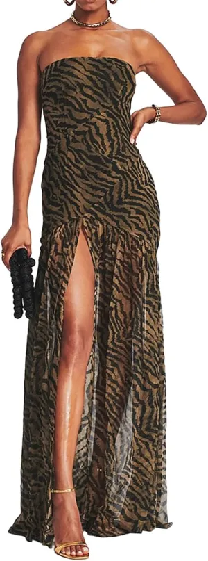 Women Y2k Floral Ptint Mesh Tube Top Dress Sexy Backless High Slit Maxi Dresses Strapless Summer Beach Sundress