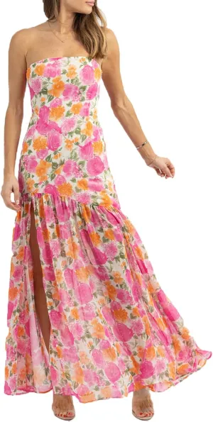 Women Y2k Floral Ptint Mesh Tube Top Dress Sexy Backless High Slit Maxi Dresses Strapless Summer Beach Sundress