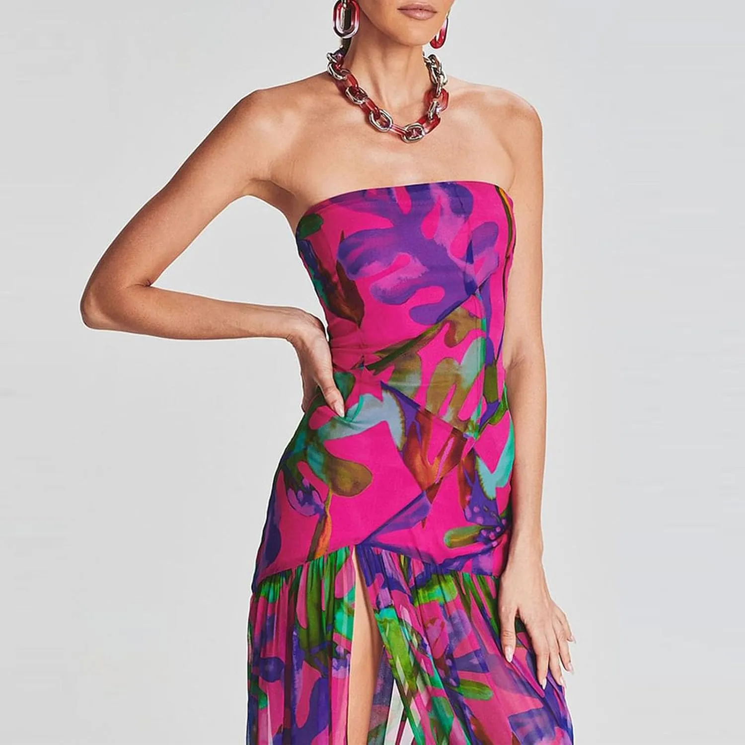 Women Y2k Floral Ptint Mesh Tube Top Dress Sexy Backless High Slit Maxi Dresses Strapless Summer Beach Sundress