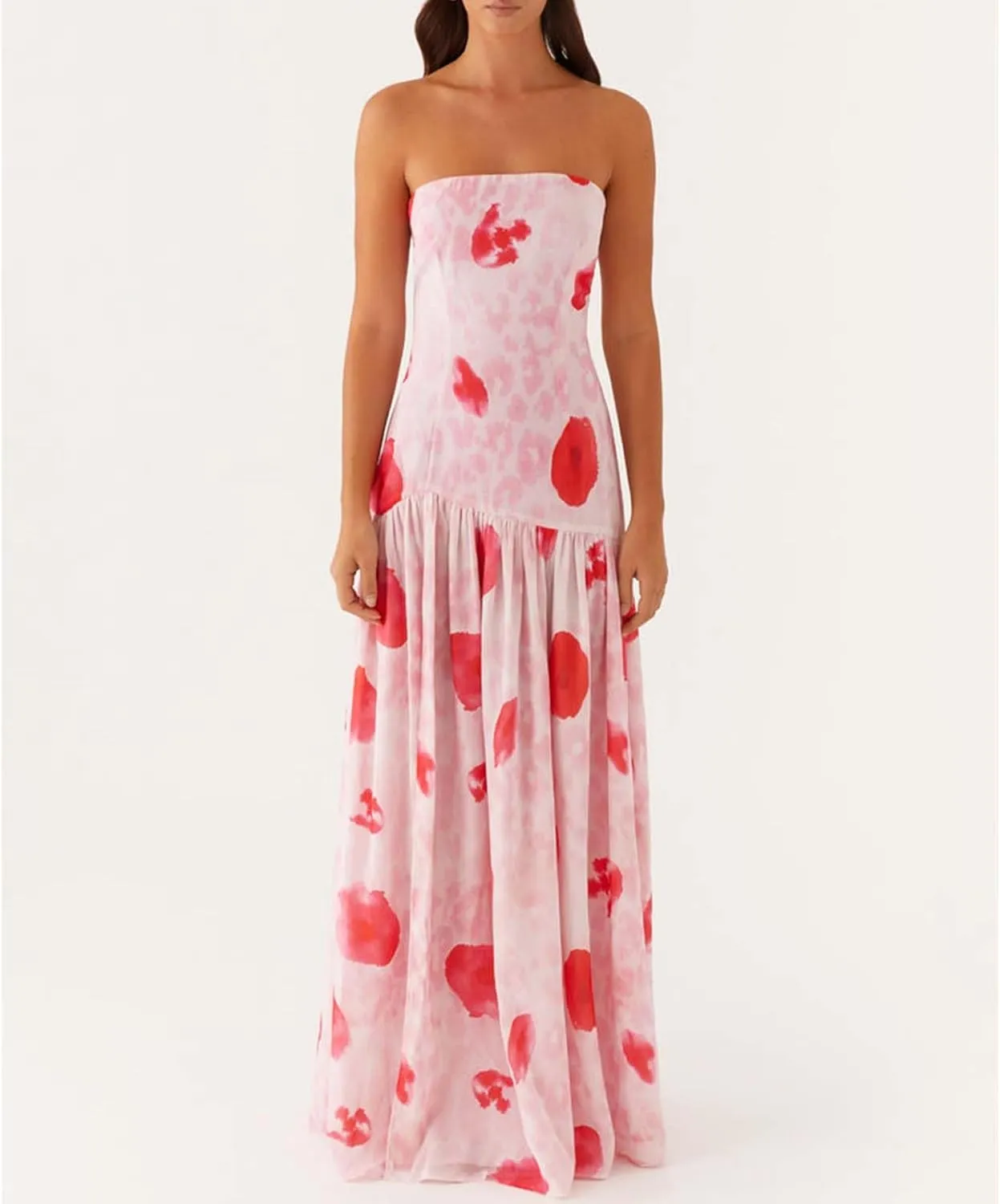 Women Y2k Floral Ptint Mesh Tube Top Dress Sexy Backless High Slit Maxi Dresses Strapless Summer Beach Sundress