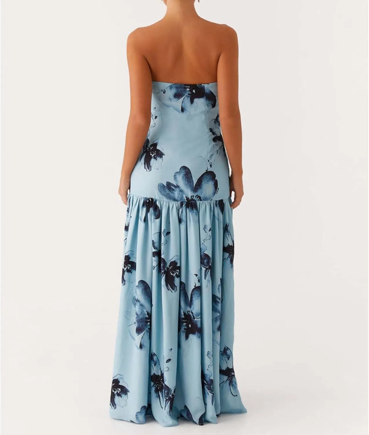 Women Y2k Floral Ptint Mesh Tube Top Dress Sexy Backless High Slit Maxi Dresses Strapless Summer Beach Sundress