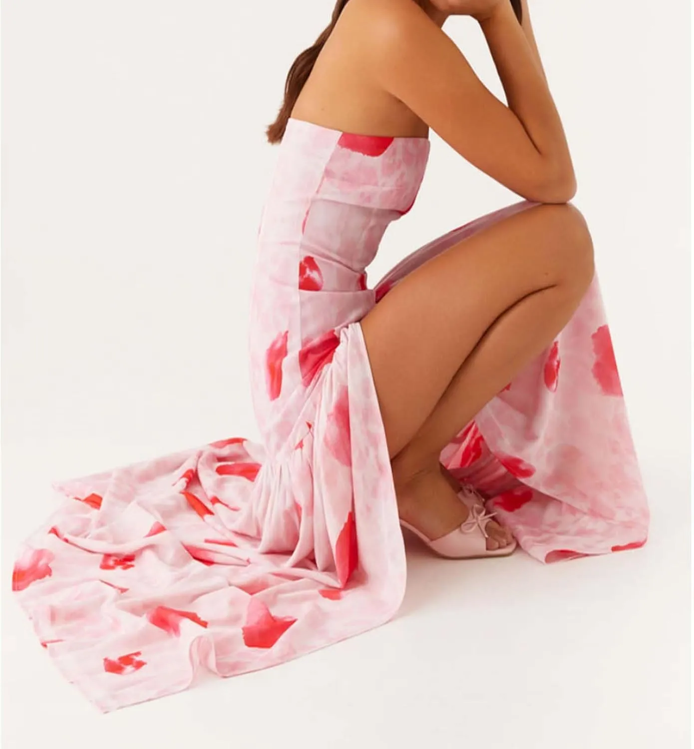 Women Y2k Floral Ptint Mesh Tube Top Dress Sexy Backless High Slit Maxi Dresses Strapless Summer Beach Sundress