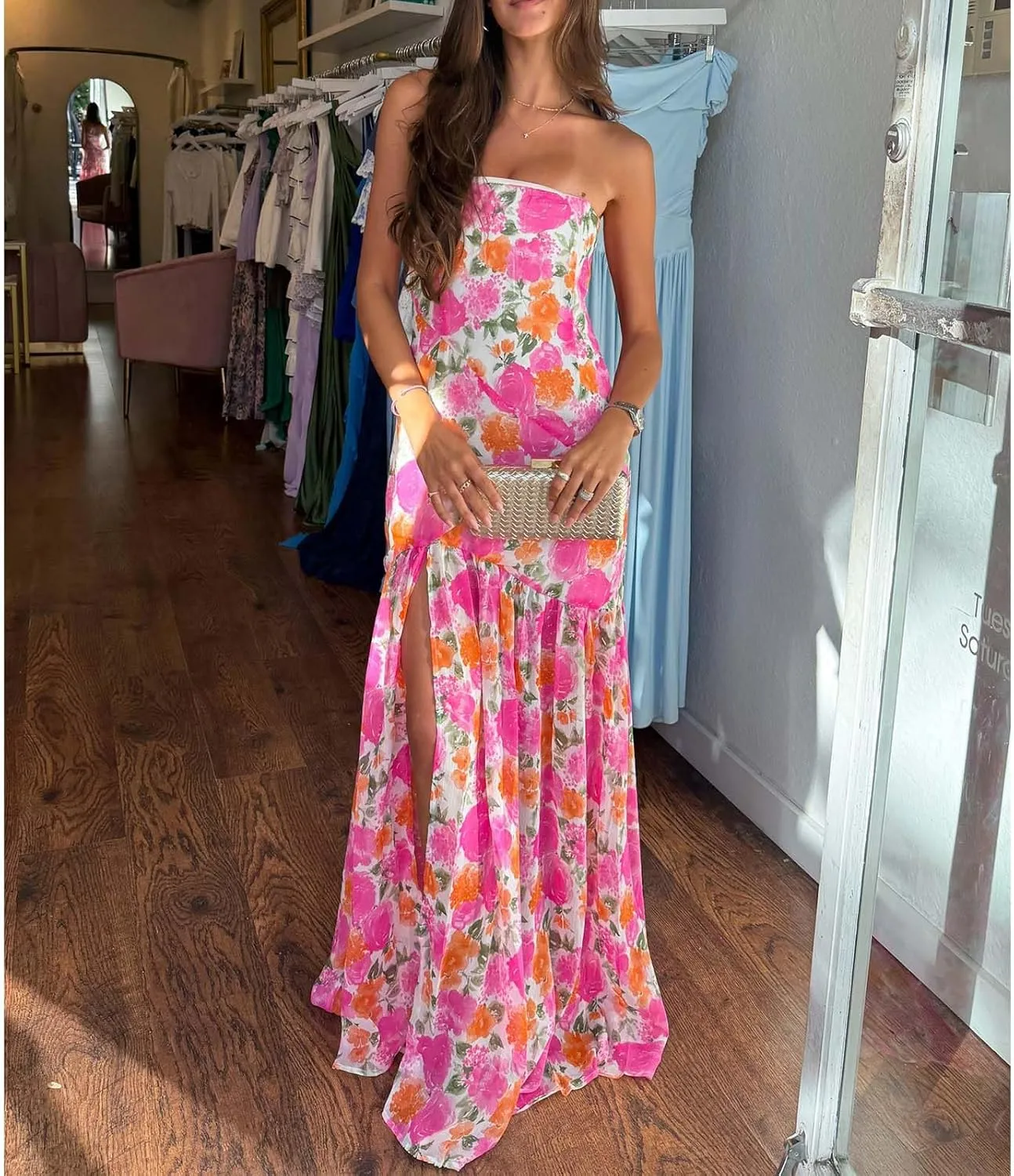 Women Y2k Floral Ptint Mesh Tube Top Dress Sexy Backless High Slit Maxi Dresses Strapless Summer Beach Sundress