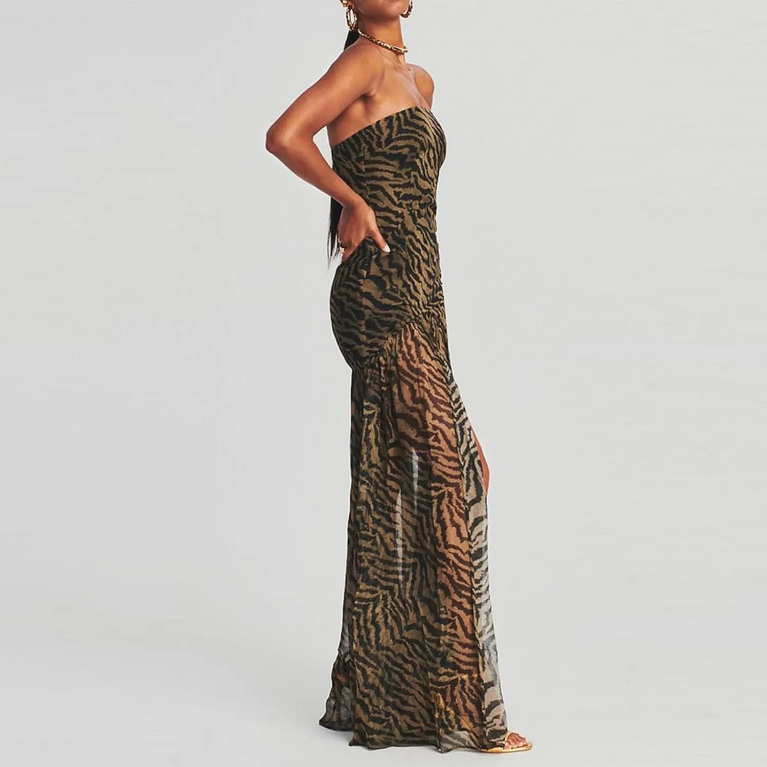 Women Y2k Floral Ptint Mesh Tube Top Dress Sexy Backless High Slit Maxi Dresses Strapless Summer Beach Sundress