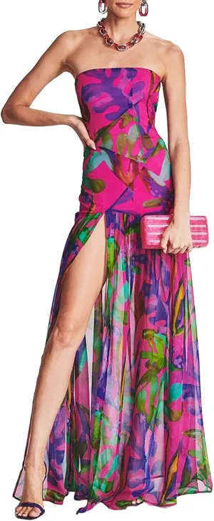 Women Y2k Floral Ptint Mesh Tube Top Dress Sexy Backless High Slit Maxi Dresses Strapless Summer Beach Sundress
