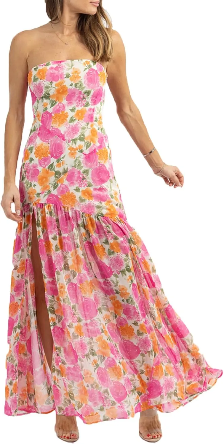Women Y2k Floral Ptint Mesh Tube Top Dress Sexy Backless High Slit Maxi Dresses Strapless Summer Beach Sundress