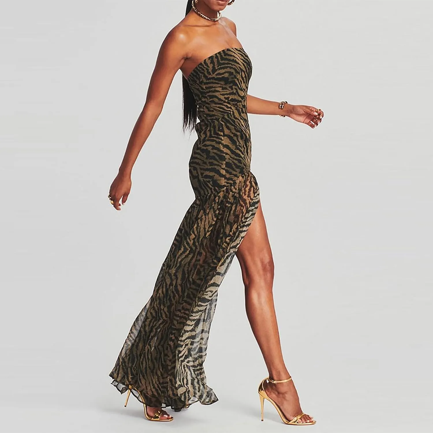 Women Y2k Floral Ptint Mesh Tube Top Dress Sexy Backless High Slit Maxi Dresses Strapless Summer Beach Sundress