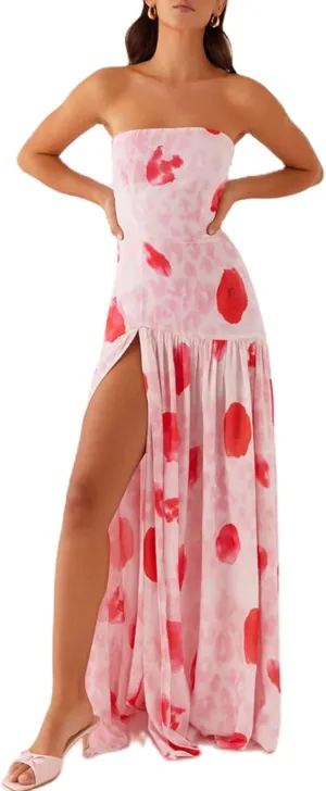 Women Y2k Floral Ptint Mesh Tube Top Dress Sexy Backless High Slit Maxi Dresses Strapless Summer Beach Sundress