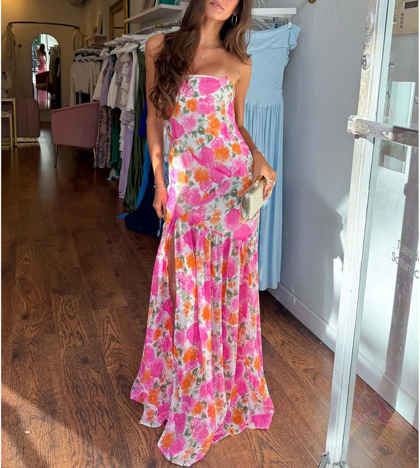 Women Y2k Floral Ptint Mesh Tube Top Dress Sexy Backless High Slit Maxi Dresses Strapless Summer Beach Sundress