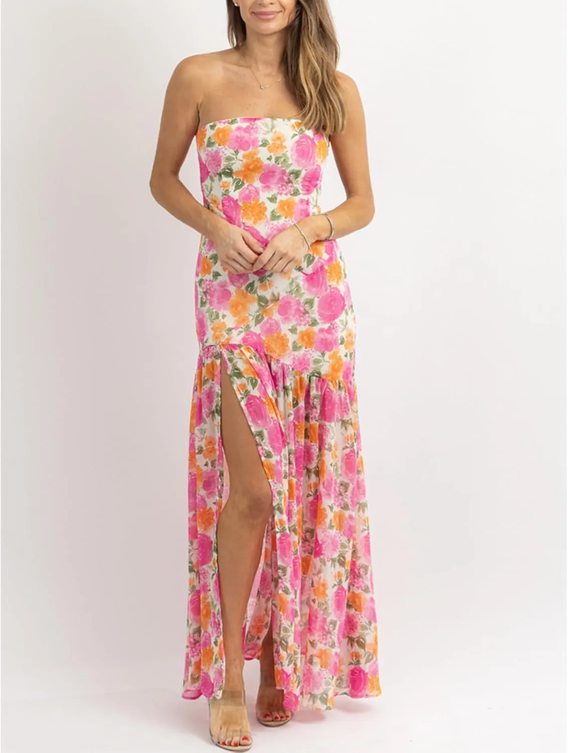 Women Y2k Floral Ptint Mesh Tube Top Dress Sexy Backless High Slit Maxi Dresses Strapless Summer Beach Sundress