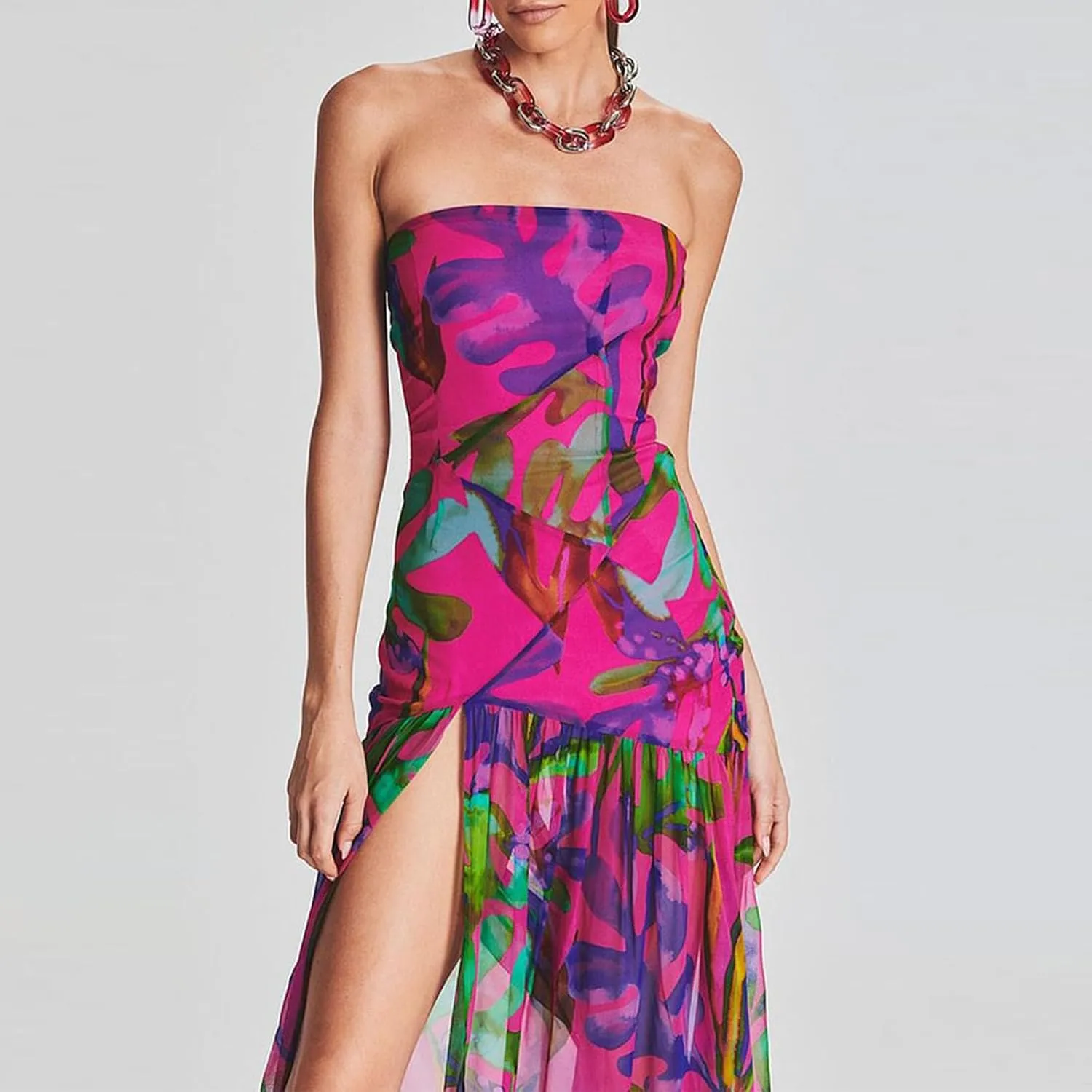 Women Y2k Floral Ptint Mesh Tube Top Dress Sexy Backless High Slit Maxi Dresses Strapless Summer Beach Sundress
