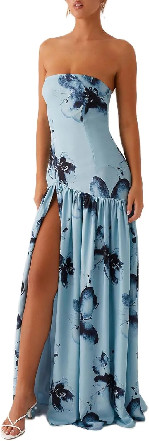 Women Y2k Floral Ptint Mesh Tube Top Dress Sexy Backless High Slit Maxi Dresses Strapless Summer Beach Sundress