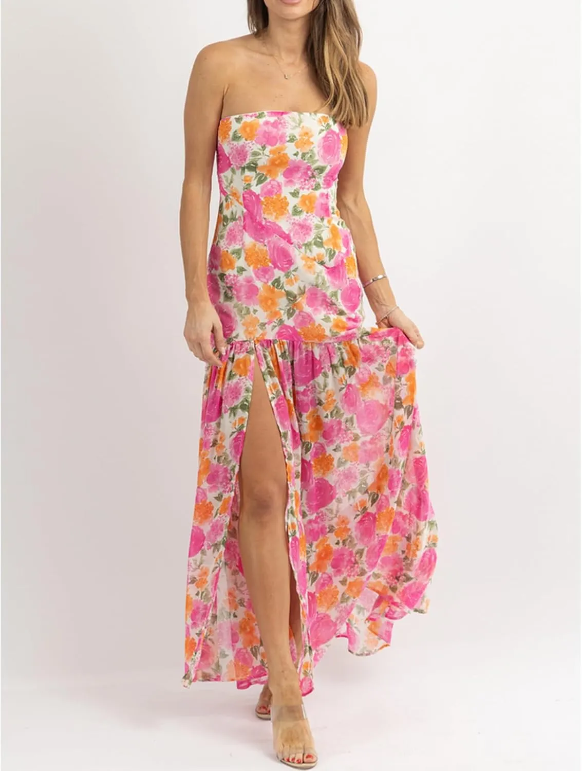 Women Y2k Floral Ptint Mesh Tube Top Dress Sexy Backless High Slit Maxi Dresses Strapless Summer Beach Sundress