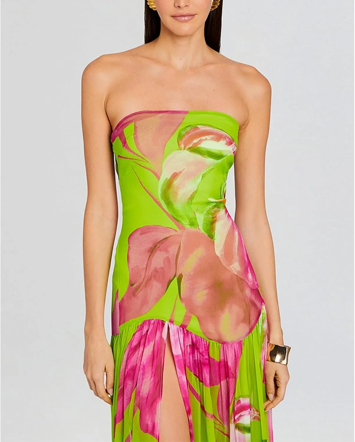 Women Y2k Floral Ptint Mesh Tube Top Dress Sexy Backless High Slit Maxi Dresses Strapless Summer Beach Sundress