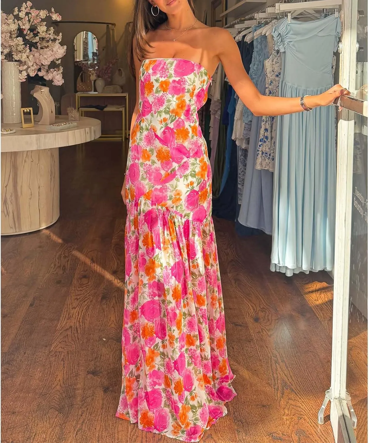 Women Y2k Floral Ptint Mesh Tube Top Dress Sexy Backless High Slit Maxi Dresses Strapless Summer Beach Sundress