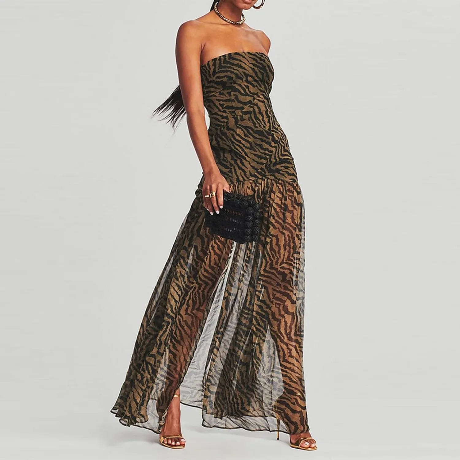 Women Y2k Floral Ptint Mesh Tube Top Dress Sexy Backless High Slit Maxi Dresses Strapless Summer Beach Sundress