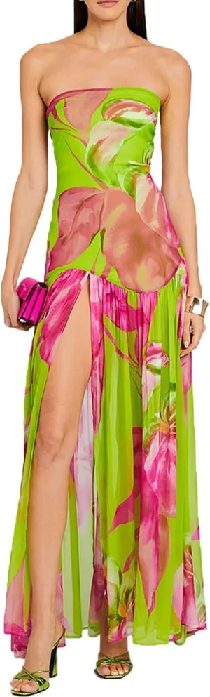 Women Y2k Floral Ptint Mesh Tube Top Dress Sexy Backless High Slit Maxi Dresses Strapless Summer Beach Sundress