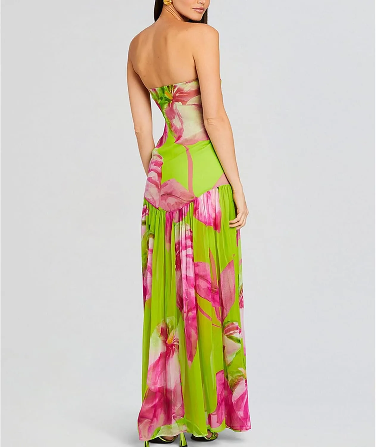 Women Y2k Floral Ptint Mesh Tube Top Dress Sexy Backless High Slit Maxi Dresses Strapless Summer Beach Sundress