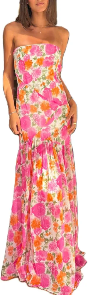 Women Y2k Floral Ptint Mesh Tube Top Dress Sexy Backless High Slit Maxi Dresses Strapless Summer Beach Sundress
