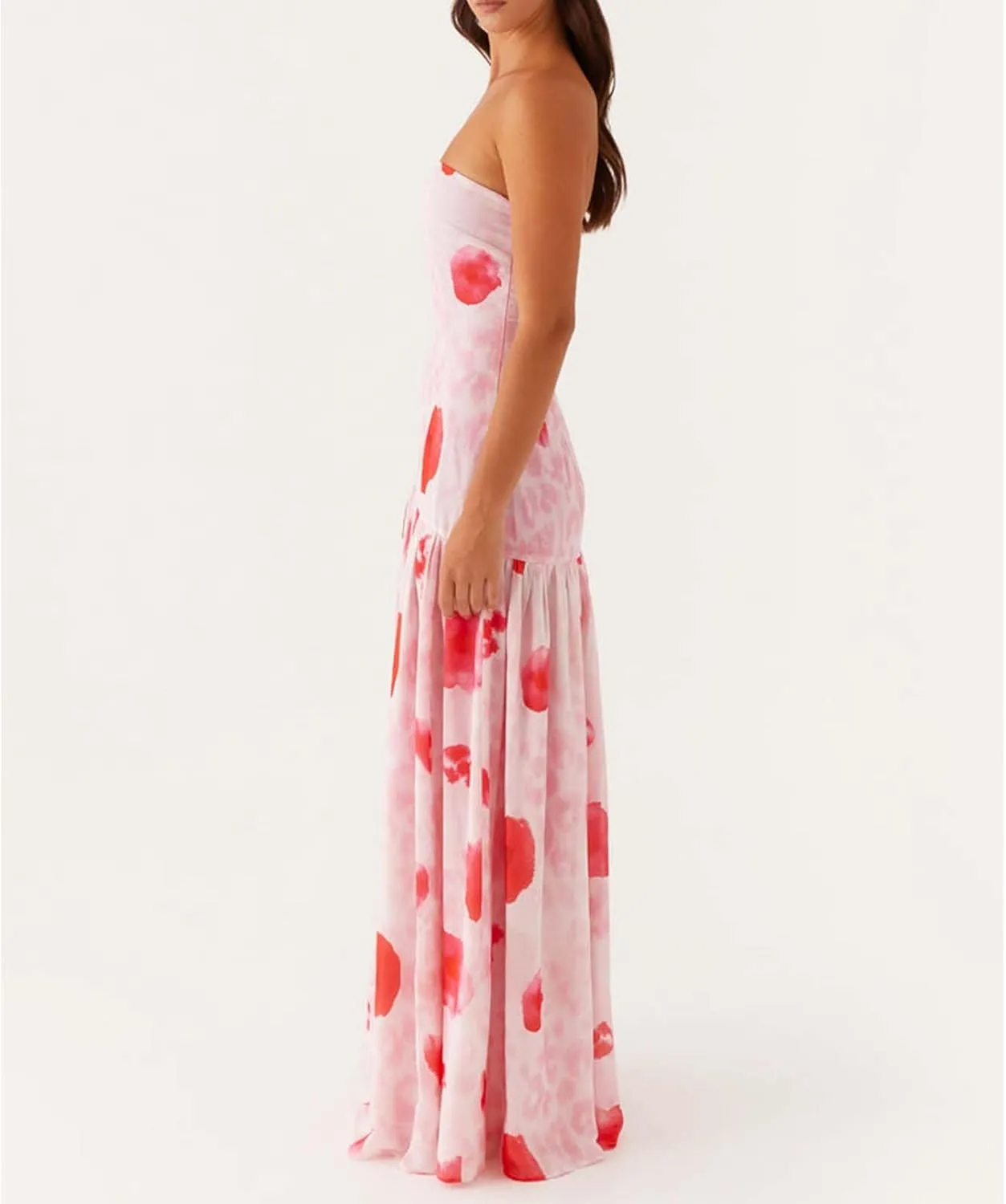 Women Y2k Floral Ptint Mesh Tube Top Dress Sexy Backless High Slit Maxi Dresses Strapless Summer Beach Sundress