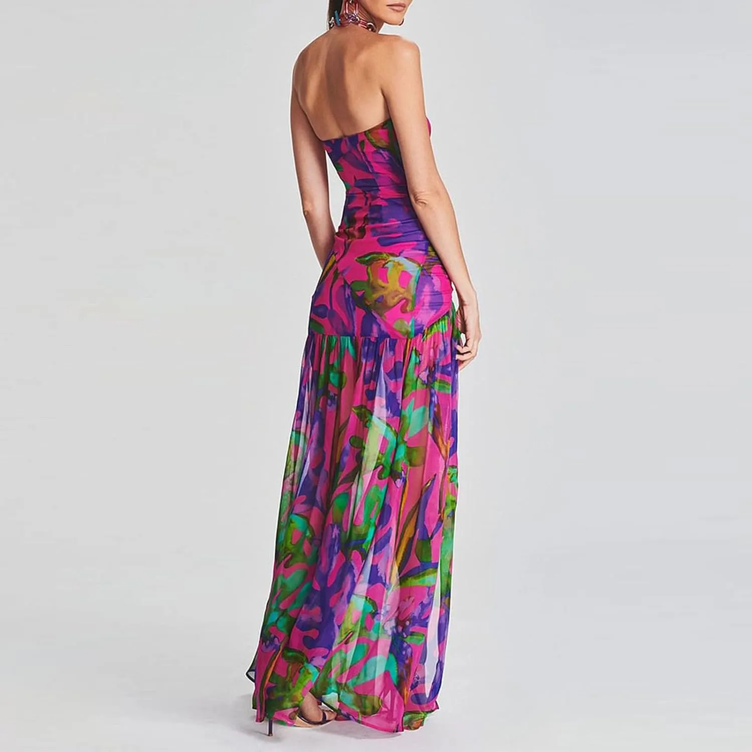 Women Y2k Floral Ptint Mesh Tube Top Dress Sexy Backless High Slit Maxi Dresses Strapless Summer Beach Sundress