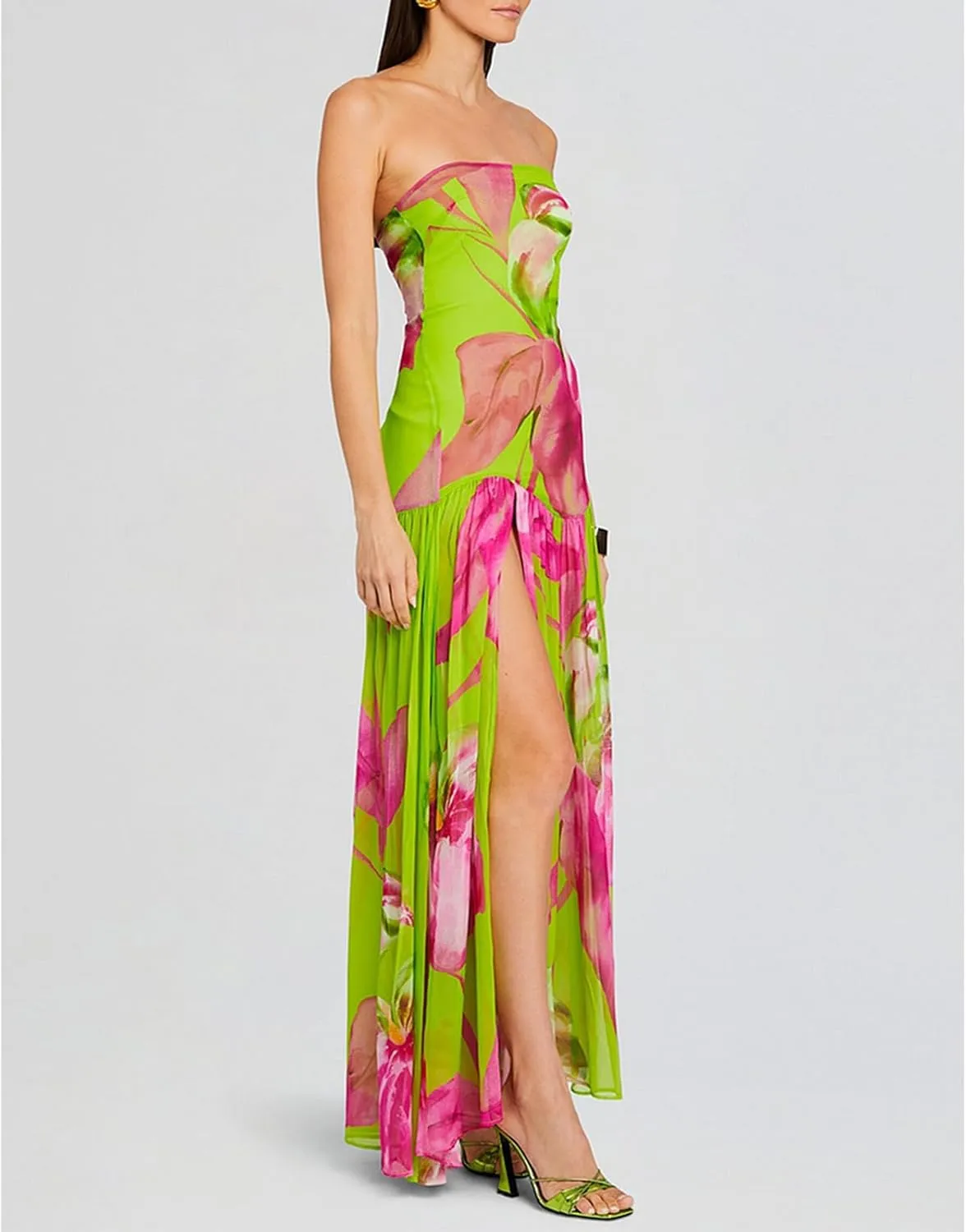 Women Y2k Floral Ptint Mesh Tube Top Dress Sexy Backless High Slit Maxi Dresses Strapless Summer Beach Sundress
