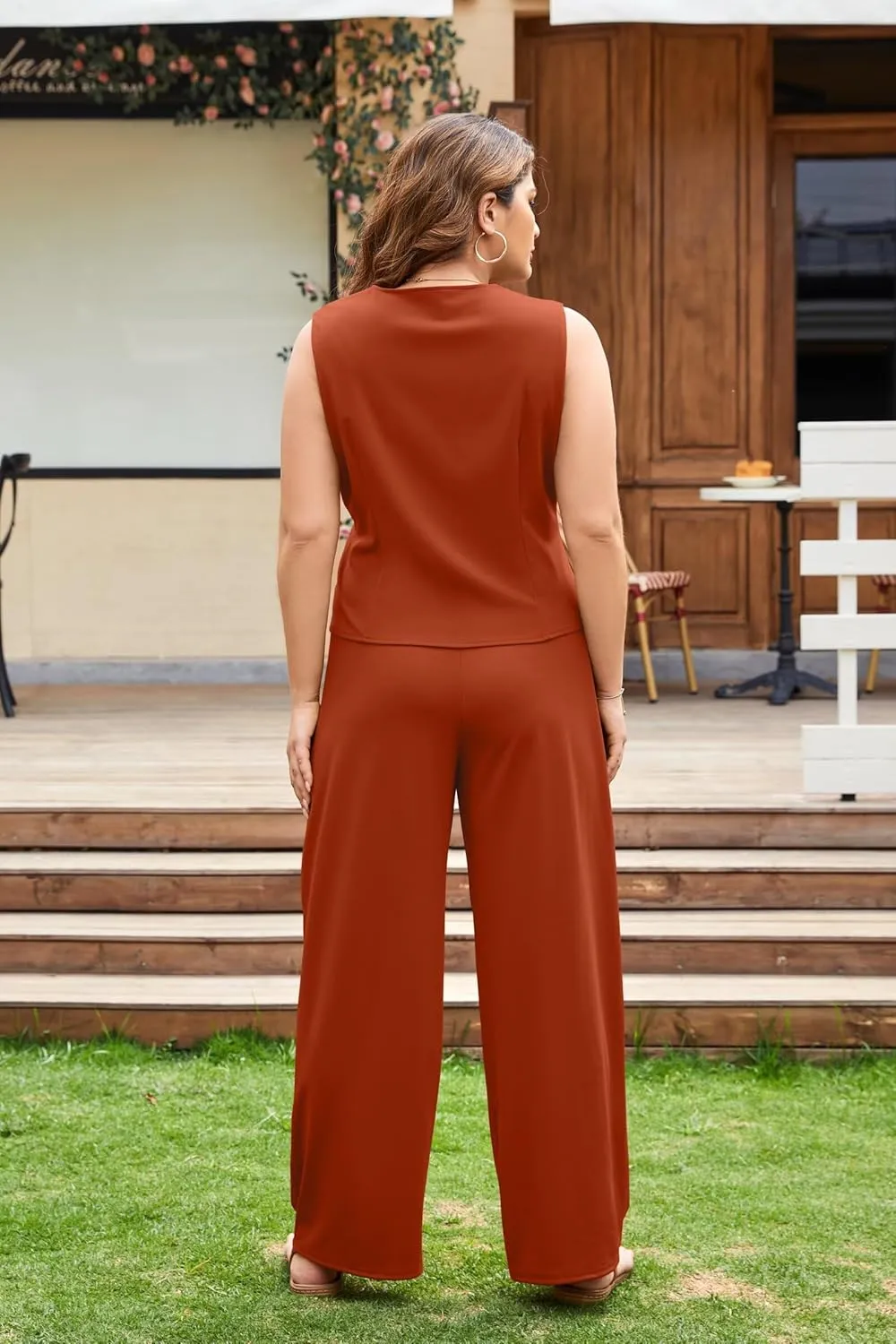 Women's 2 Piece Outfits Elegant Blazer Vest Pockets Wide Leg Pant Suit Casual Matching Set