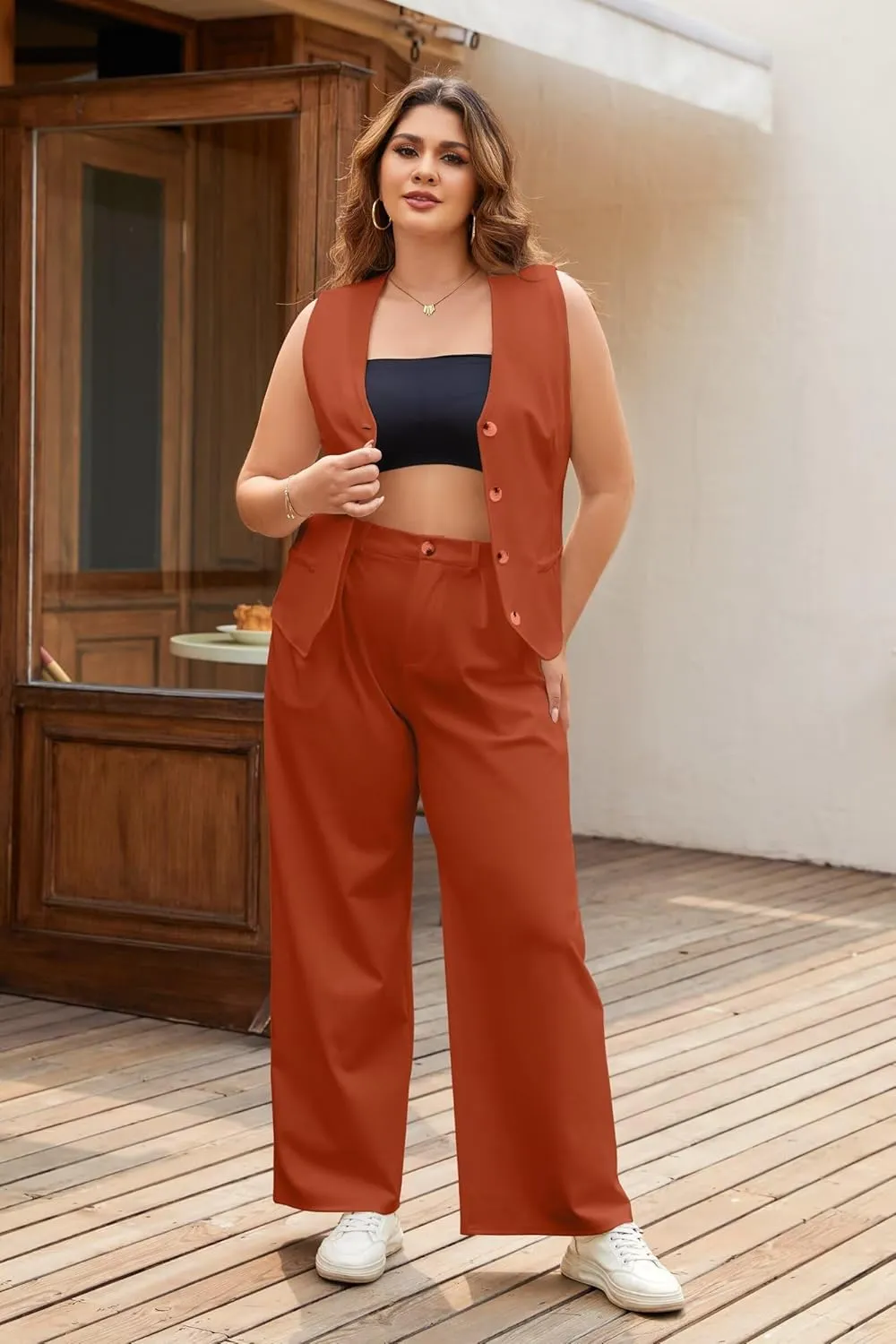 Women's 2 Piece Outfits Elegant Blazer Vest Pockets Wide Leg Pant Suit Casual Matching Set