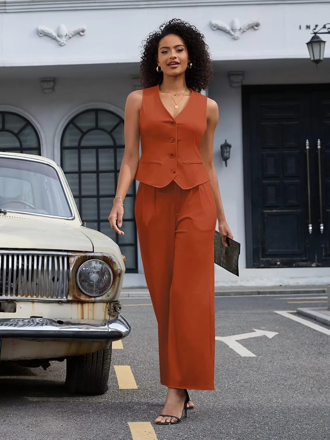 Women's 2 Piece Outfits Elegant Blazer Vest Pockets Wide Leg Pant Suit Casual Matching Set