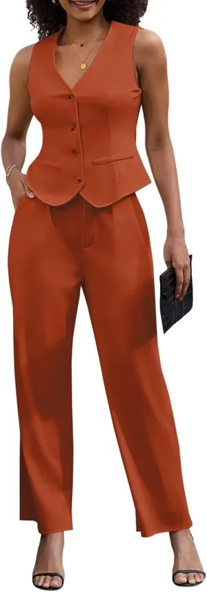 Women's 2 Piece Outfits Elegant Blazer Vest Pockets Wide Leg Pant Suit Casual Matching Set