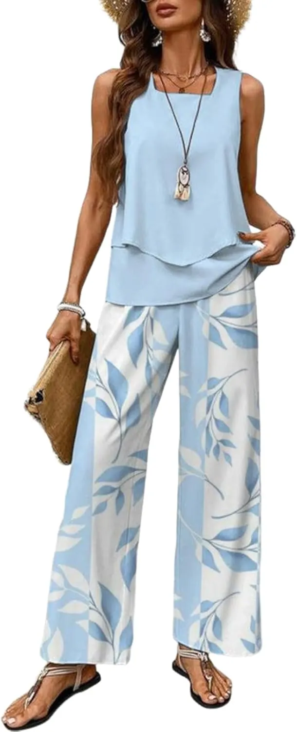 Women's 2 Piece Sets 2025 Spring Summer Outfits Sleeveless Print Wide Leg Pants Sweat Sets Trendy Lounge Tracksuits