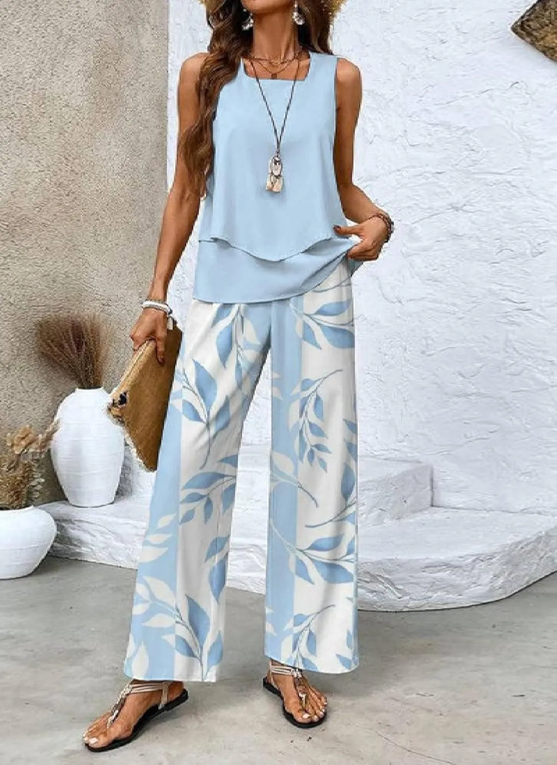 Women's 2 Piece Sets 2025 Spring Summer Outfits Sleeveless Print Wide Leg Pants Sweat Sets Trendy Lounge Tracksuits