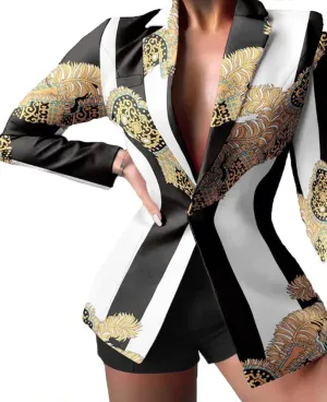 Women's 2 Pieces Floral Pantsuit Summer Suit Long Sleeve Blazer Short Pants Set Suits