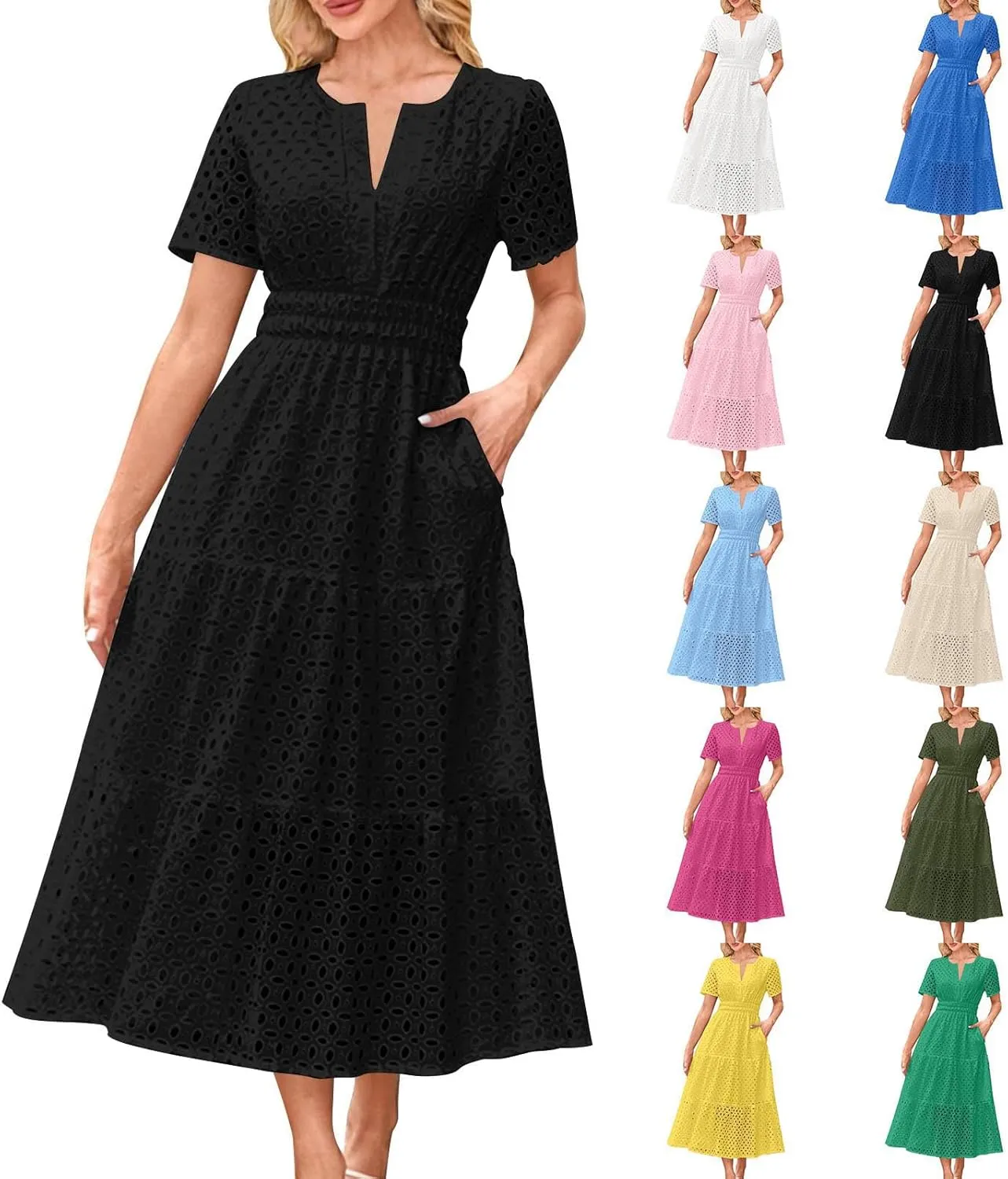 Women's 2025 Summer Maxi Dress V Neck Short Sleeve Hollow Out Casual Eyelet Ruffle Swing A Line Boho Long Dresses