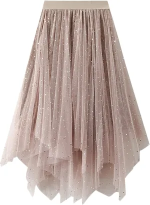 Women's A Line Casual Skirt Elastic Waistband High Waist Pleated Cheer Midi Skirts Irregular Beach Skirts for
