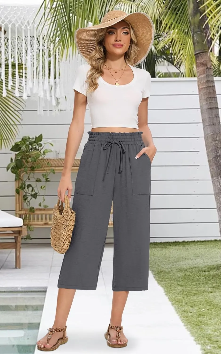 Womens Capri Pants Summer Wide Leg High Waisted Pants Drawstring Casual Trousers with Pockets