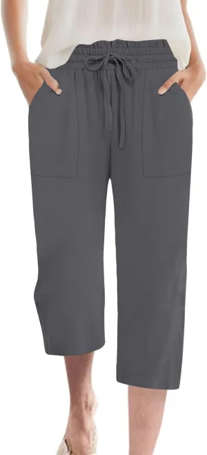 Womens Capri Pants Summer Wide Leg High Waisted Pants Drawstring Casual Trousers with Pockets