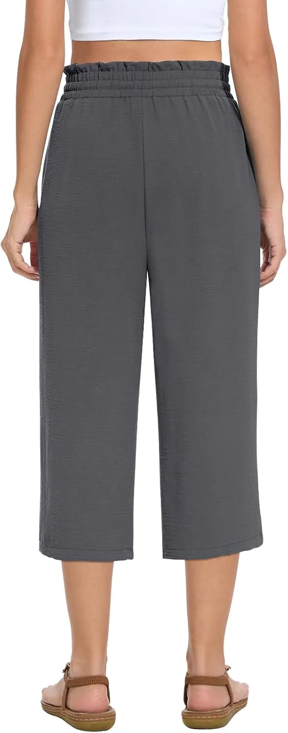 Womens Capri Pants Summer Wide Leg High Waisted Pants Drawstring Casual Trousers with Pockets