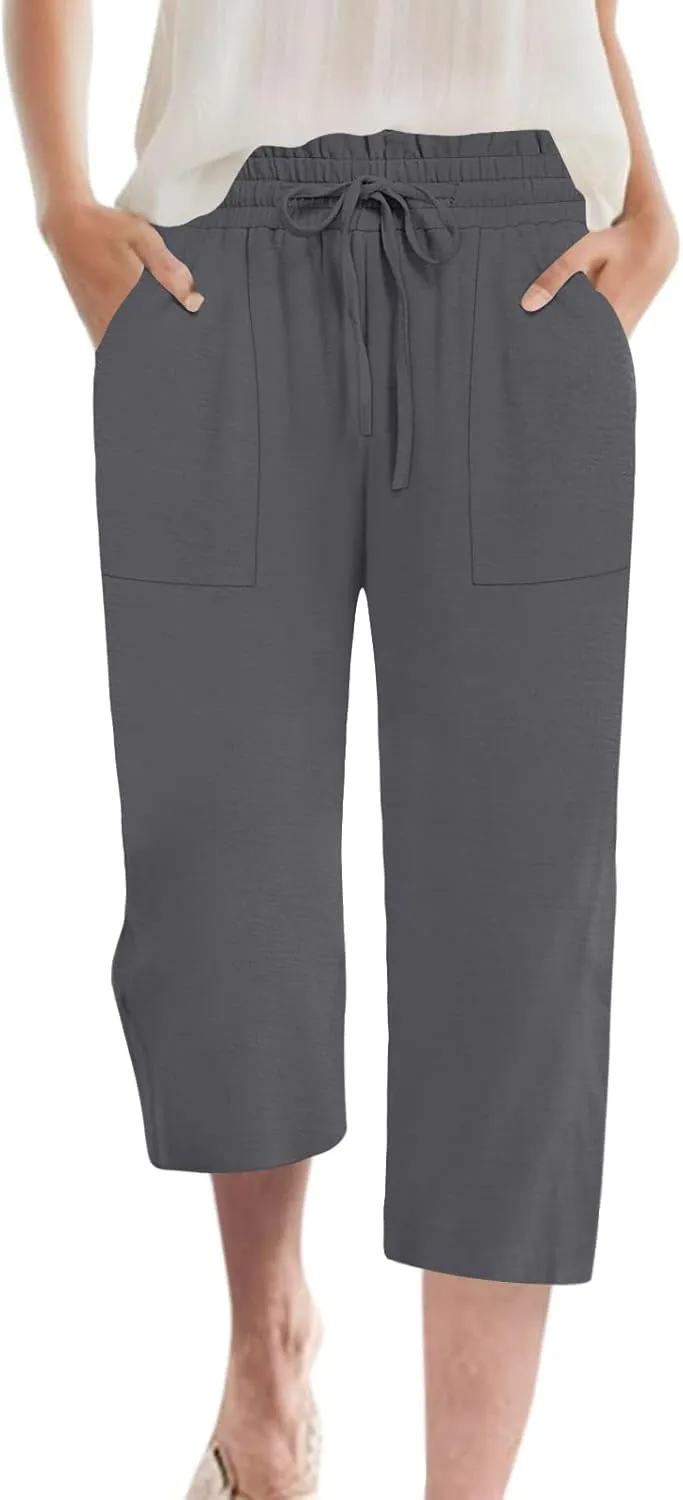 Womens Capri Pants Summer Wide Leg High Waisted Pants Drawstring Casual Trousers with Pockets