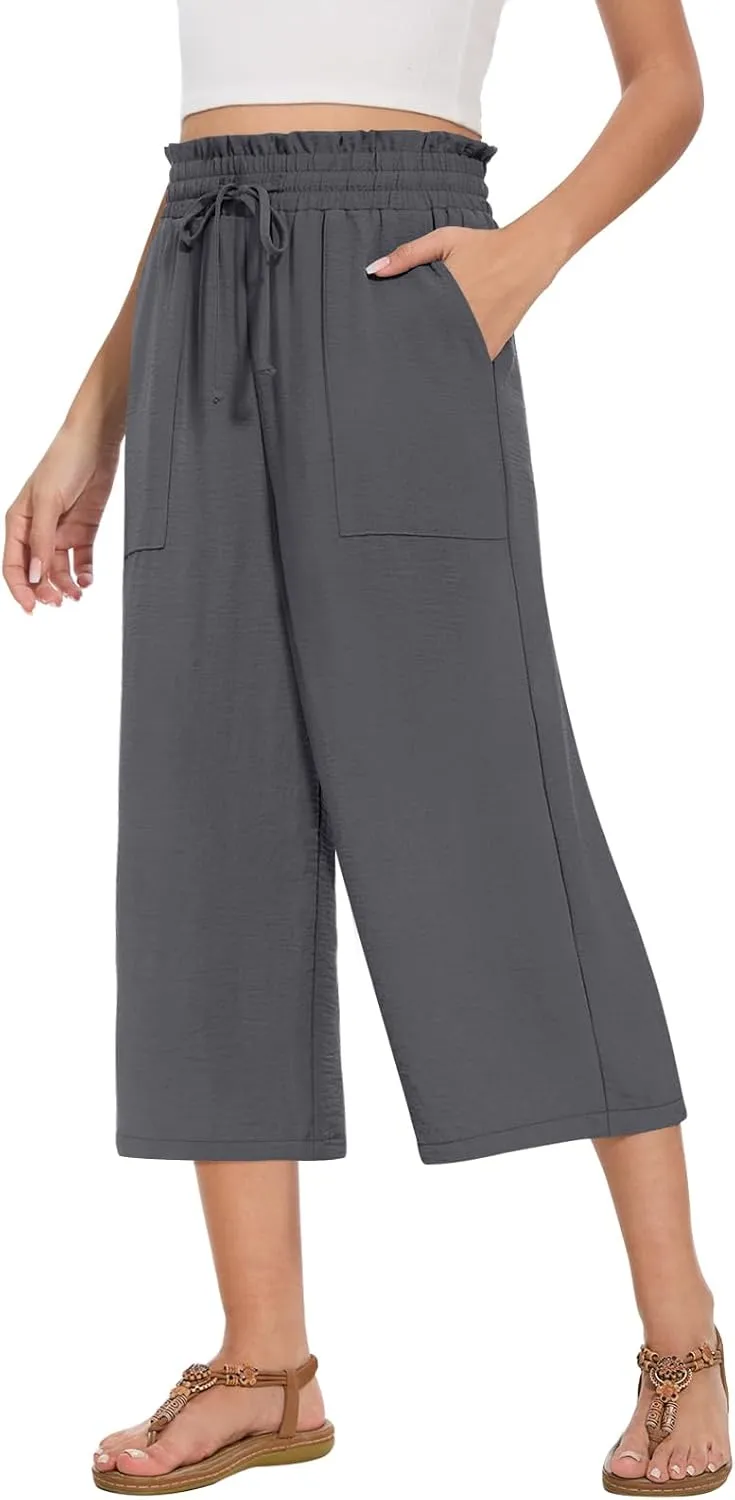 Womens Capri Pants Summer Wide Leg High Waisted Pants Drawstring Casual Trousers with Pockets