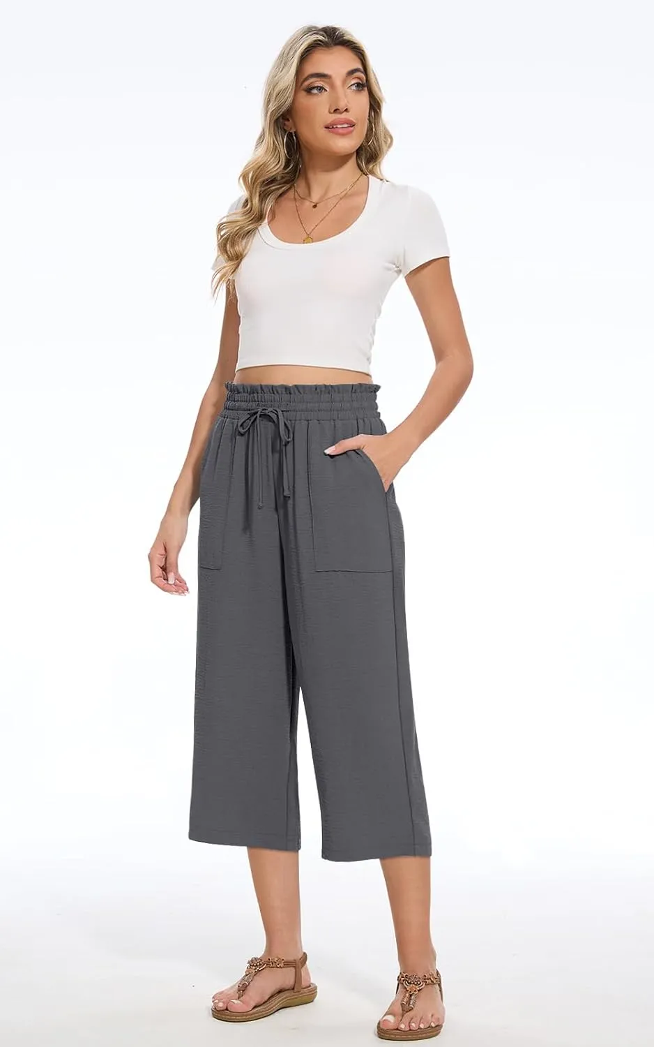 Womens Capri Pants Summer Wide Leg High Waisted Pants Drawstring Casual Trousers with Pockets