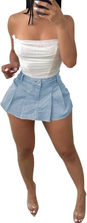 Womens Casual A-line Pleated Ruffle Short Mini Denim Skirts Frayed Fringe Hem Skirt Shorts