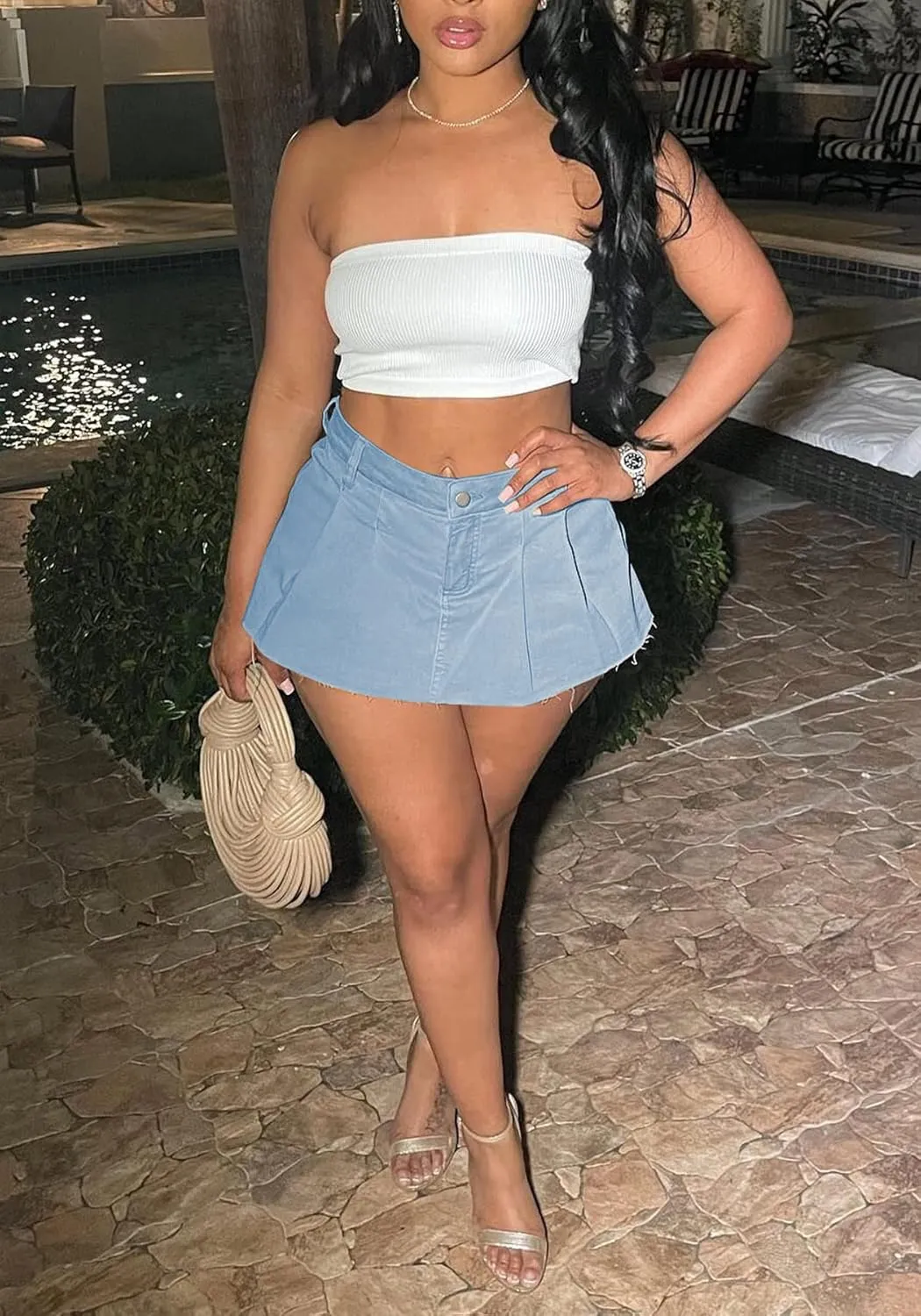 Womens Casual A-line Pleated Ruffle Short Mini Denim Skirts Frayed Fringe Hem Skirt Shorts