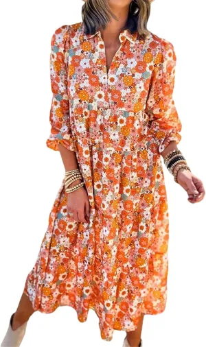 Womens Casual Boho Floral Midi Dresses Puff Sleeve V Neck Ruffle Dresses Summer Loose Dress Tiered Beach Sundress