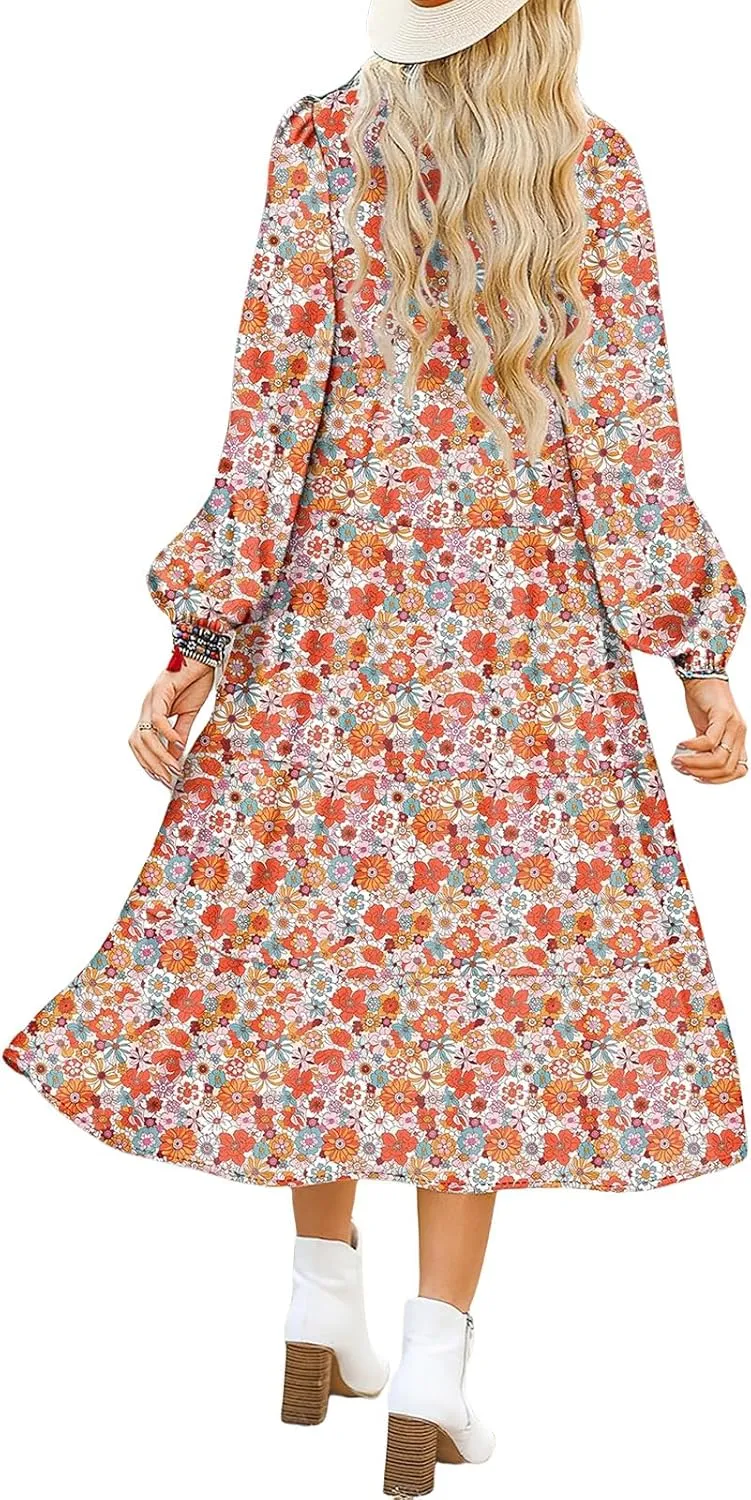 Womens Casual Boho Floral Midi Dresses Puff Sleeve V Neck Ruffle Dresses Summer Loose Dress Tiered Beach Sundress