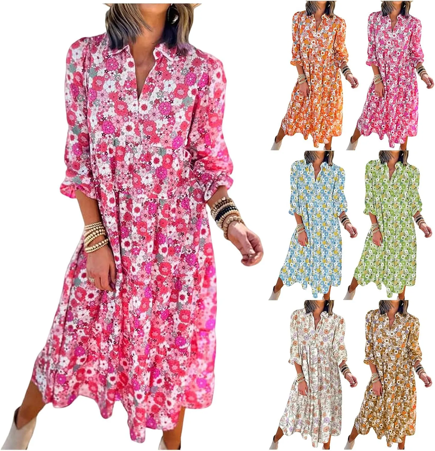 Womens Casual Boho Floral Midi Dresses Puff Sleeve V Neck Ruffle Dresses Summer Loose Dress Tiered Beach Sundress